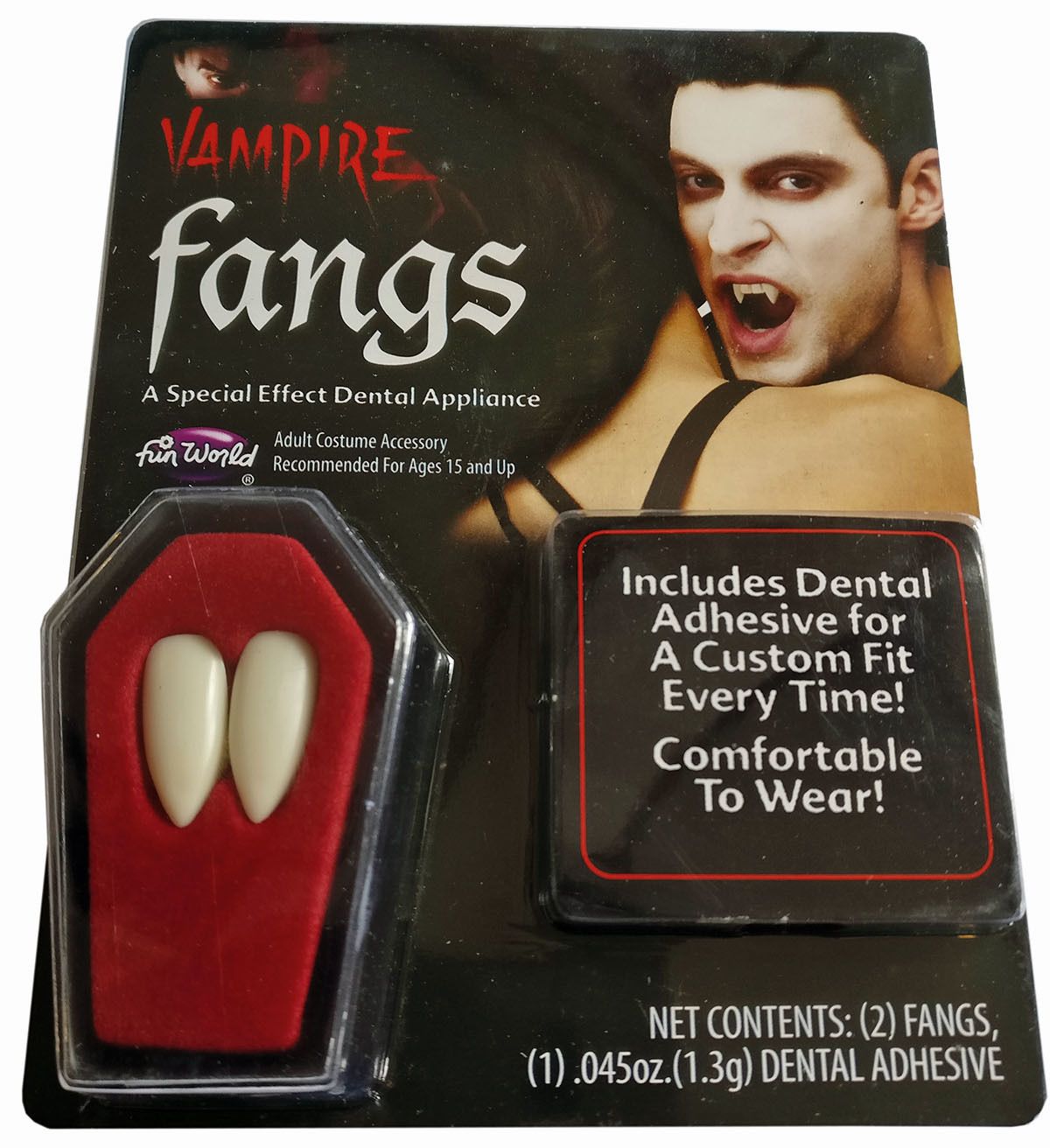 1 Paar Profi-Vampirzhne im Sarg, mit Haftmasse